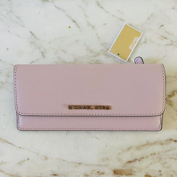 MICHAEL KORS Jet Set Travel Blossom Pink Leather Flat Continental Wallet - Picture 1 of 9